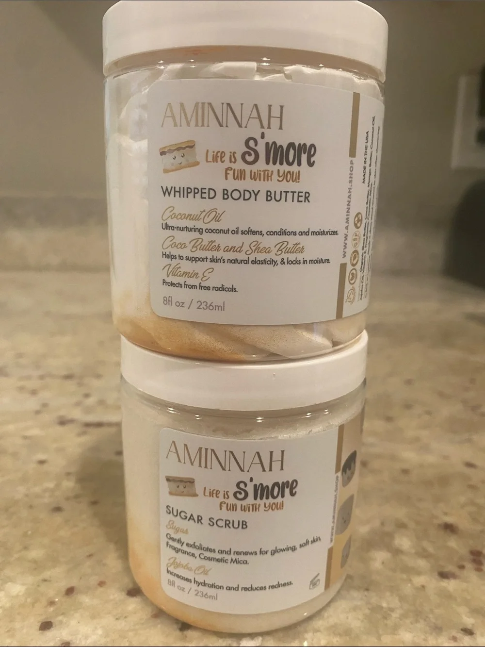 Aminnah Whipped Body Butter and Scrub Duo. Life is S’mores fun & Pumpkin Spice